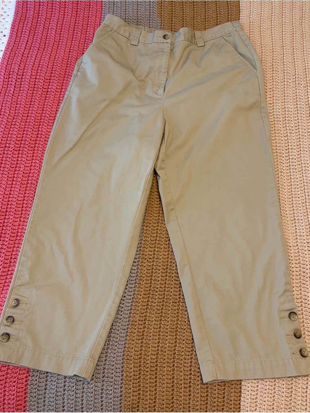 Lands' End Fit3 Cropped Khaki Pants with Button Detail and Elastic Waist in Back